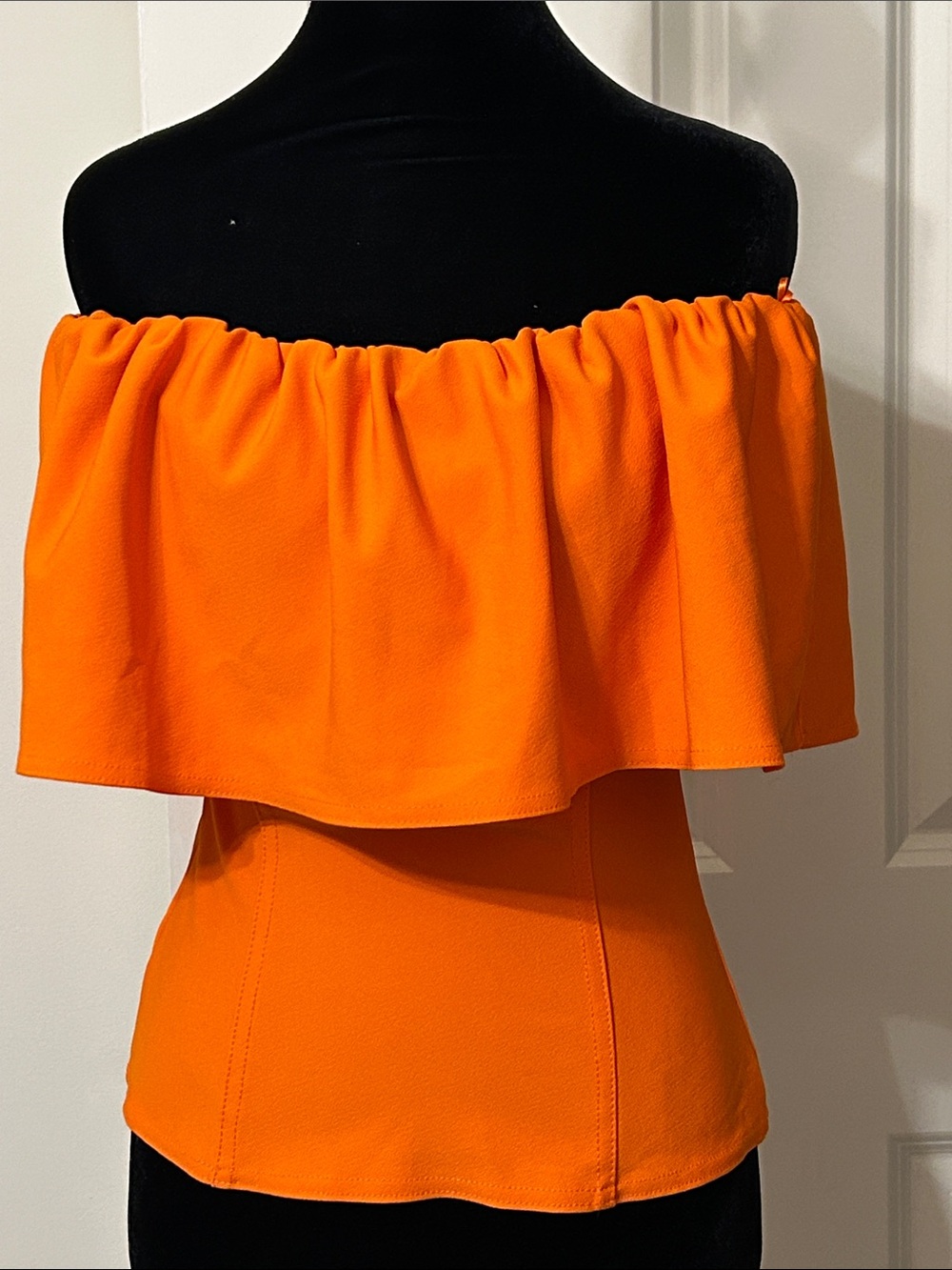 Zara Off-Shoulder Fitted Ruffle Top in Bright Orange